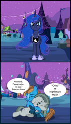 Size: 750x1307 | Tagged: safe, artist:ncolque, imported from derpibooru, marble pie, princess luna, oc, oc:sharp stars, alicorn, earth pony, pony, unicorn, luna eclipsed, canon x oc, comic, horn, hug, mlp fim's fourteenth anniversary, nightmare night