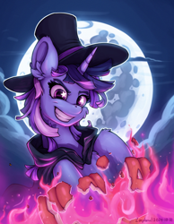 Size: 1108x1428 | Tagged: safe, artist:zeepheru, imported from derpibooru, oc, oc only, oc:flawless sparklemoon, pony, unicorn, cloak, clothes, female, fire, full moon, fusion, fusion:trixie, fusion:twilight sparkle, fusion:twixie, halloween, hat, holiday, horn, jack-o-lantern, looking at you, mare, moon, my little pony the movie: the death of twilight sparkle, night, pumpkin, smiling, smiling at you, solo, starry eyes, top hat, wingding eyes