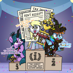 Size: 1174x1176 | Tagged: safe, artist:sugar morning, imported from derpibooru, derpy hooves, rainbow dash, twilight sparkle, alicorn, pegasus, pony, clothes, competition, confetti, contest, costume, dialogue, halloween, halloween costume, happy, holiday, jewelry, medallion, mlp fim's fourteenth anniversary, necklace, nightmare night, paper, podium, ribbon, smiling, text, trophy, twilight sparkle (alicorn)