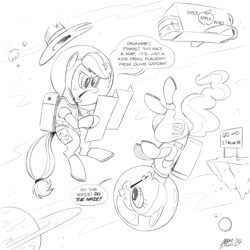 Size: 1800x1800 | Tagged: safe, artist:mellodillo, imported from derpibooru, applejack, pinkie pie, earth pony, pony, commission, dialogue, duo, duo female, female, floating, grayscale, mare, menu, monochrome, space, spaceship, spacesuit, speech bubble, upside down