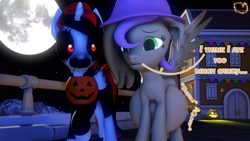 Size: 3840x2160 | Tagged: safe, artist:marshmallow-pone, imported from derpibooru, oc, oc:timber, oc:vani, alicorn, pegasus, 3d, belly, big belly, nightmare night, oc x oc, shipping, source filmmaker, zalgo