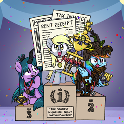 Size: 1174x1176 | Tagged: safe, alternate version, artist:sugar morning, imported from derpibooru, derpy hooves, rainbow dash, twilight sparkle, alicorn, pegasus, pony, clothes, competition, confetti, contest, costume, halloween, halloween costume, happy, holiday, jewelry, medallion, mlp fim's fourteenth anniversary, necklace, nightmare night, paper, podium, ribbon, smiling, trophy, twilight sparkle (alicorn)