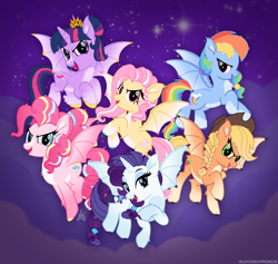 Size: 2420x2295 | Tagged: safe, artist:lovinglypromise, imported from derpibooru, applejack, fluttershy, pinkie pie, rainbow dash, rarity, twilight sparkle, alicorn, bat pony, bat pony alicorn, earth pony, pegasus, pony, unicorn, >:d, alternate cutie mark, alternate eye color, applebat, bat ponified, bat six, bat wings, beauty mark, braid, braided pigtails, butt fluff, chest fluff, claws, cloven hooves, coat markings, colored hooves, colored wings, dark belly, ear fluff, ear tufts, evil grin, facial markings, fangs, flutterbat, flying, gradient ears, gradient legs, gradient wings, grin, group, hair bun, halloween, halloween 2024, holiday, hooves, horn, leg fluff, looking at you, mane six, night, night sky, open mouth, open smile, pale belly, pigtails, pinkiebat, race swap, rainbowbat, raribat, sextet, sky, smiling, socks (coat markings), spooky, spread wings, stripe (coat marking), tail, tied mane, tied tail, twibat, twilight sparkle (alicorn), twilight's crown, wing claws, wings