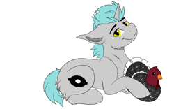 Size: 4000x2500 | Tagged: safe, artist:decemberbreeze, imported from derpibooru, oc, oc:lunar signal, bat pony, bat pony unicorn, bird, hybrid, turkey, unicorn, bat pony oc, bat wings, commission, cute, fangs, floppy ears, gray coat, horn, looking at you, lying down, plushie, prone, simple background, smiling, transparent background, turkey plush, unicorn oc, wings, ych result, yellow eyes