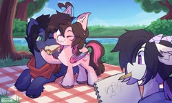 Size: 2048x1229 | Tagged: safe, artist:cuiicie, imported from derpibooru, oc, oc only, oc:elon, oc:fenris ebonyglow, oc:key mash, bat pony, goat, pegasus, ahoge, drawing, food, horns, picnic blanket, sandwich