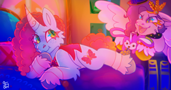 Size: 1680x880 | Tagged: safe, artist:movie95, imported from derpibooru, pipp petals, pegasus, pony, unicorn, bed, bowtie, bunnycorn, cape, clothes, costume, crystal brighthouse, diadem, female, floppy ears, freckles, g5, hat, horn, jewelry, magician outfit, mare, misty brightdawn, misty's comfort bunnycorn, my little pony: make your mark, my little pony: make your mark chapter 5, nightmare night costume, nightmare on mane street, open mouth, open smile, pillow, plushie, rebirth misty, regalia, scene interpretation, signature, smiling, the great and powerful misty, top hat, unshorn fetlocks, witch costume, witch hat, witch petals