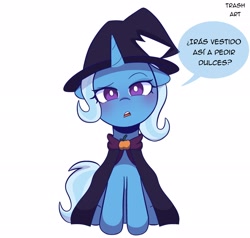 Size: 2048x1950 | Tagged: safe, artist:eltrash_art6, imported from derpibooru, trixie, pony, unicorn, blushing, cape, clothes, female, halloween, hat, holiday, horn, mare, nightmare night, open mouth, question, simple background, sitting, solo, spanish, white background, witch, witch hat