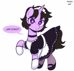 Size: 2048x1950 | Tagged: safe, artist:eltrash_art6, imported from derpibooru, oc, oc only, pony, unicorn, apron, blushing, choker, clothes, dress, female, gloves, halloween, holiday, hoof shoes, horn, maid, maid headdress, mare, nightmare night, question, simple background, socks, solo, spanish, stockings, thigh highs, white background