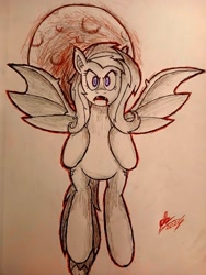 Size: 1536x2048 | Tagged: safe, artist:panoramhusky, imported from derpibooru, fluttershy, bat pony, bat ponified, bat wings, female, flutterbat, moon, race swap, solo, traditional art, wings