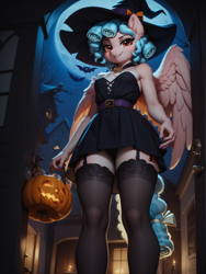 Size: 1320x1760 | Tagged: safe, imported from derpibooru, cozy glow, anthro, pegasus, ai content, ai generated, clothes, costume, female, full moon, halloween, holiday, jack-o-lantern, moon, nightmare night, nightmare night costume, older, older cozy glow, panties, panty shot, prompt in source, prompter:wolferin, pumpkin, skirt, solo, underwear, upskirt, witch costume