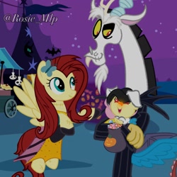 Size: 1280x1280 | Tagged: safe, artist:rosie_mlp, editor:daughteroffluttercord, imported from derpibooru, discord, fluttershy, hybrid, pony, clothes, discoshy, female, holding a baby, holding a pony, interspecies offspring, jack skellington, male, mask, offspring, parent:discord, parent:fluttershy, parents:discoshy, shipping, straight, suit, the nightmare before christmas