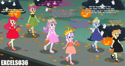 Size: 1568x827 | Tagged: safe, artist:excelso36, imported from derpibooru, apple bloom, diamond tiara, megan williams, scootaloo, sweetie belle, human, clothes, costume, g1, halloween, halloween costume, holiday