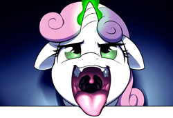 Size: 1216x832 | Tagged: safe, imported from derpibooru, sweetie belle, pony, unicorn, ai content, horn, magic, mawshot, open mouth, solo, teeth, throat, tongue out, uvula