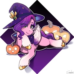 Size: 1200x1200 | Tagged: safe, artist:xiaowu07, imported from derpibooru, pipp petals, pegasus, pony, clothes, costume, female, g5, halloween, hat, holiday, mare, nightmare night costume, pumpkin, solo, witch costume, witch hat, witch petals