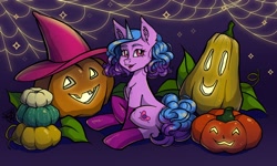 Size: 3000x1800 | Tagged: safe, artist:gigisarts, imported from derpibooru, izzy moonbow, pony, unicorn, g5, halloween, holiday, horn, pumpkin, spider web, wallpaper