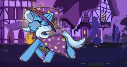 Size: 4096x2160 | Tagged: safe, artist:jubyskylines, imported from derpibooru, trixie, pony, unicorn, blushing, candy, colored hooves, ear fluff, eyes closed, female, food, halloween, happy, holiday, hooves, horn, jack-o-lantern, mare, mouth hold, nightmare night, ponyville, pumpkin, smiling, solo