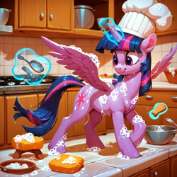 Size: 1536x1536 | Tagged: prompter needed, safe, imported from derpibooru, twilight sparkle, alicorn, pony, ai content, ai generated, chef's hat, cupboard, female, foam, full body, glowing, glowing horn, hat, horn, indoors, kitchen, levitation, looking sideways, magic, mare, smiling, solo, sponge, spread wings, telekinesis, tiles, twilight sparkle (alicorn), wings, wood