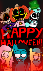 Size: 3023x5000 | Tagged: safe, artist:professorventurer, imported from derpibooru, fluttershy, hitch trailblazer, changeling, dog, pony, rabbit, unicorn, animal, craftycorn, disguise, disguised changeling, dogday, g5, grab pack, halloween, happy halloween, holiday, horn, nightmare critters, oc name needed, poppy playtime, red smoke, smiling critters, the haunted mansion