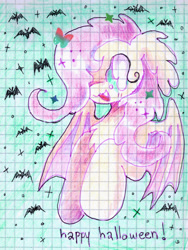 Size: 1586x2112 | Tagged: safe, artist:larvaecandy, imported from derpibooru, fluttershy, bat, bat pony, pony, :3, alternate eye color, bat ponified, big eyes, blush lines, blushing, bust, chest fluff, colored pencil drawing, colored sclera, curly eyelashes, ear fluff, eyelashes, fangs, female, floppy ears, flutterbat, green eyes, green sclera, hair over one eye, halloween, holiday, long ears, looking away, mare, open mouth, open smile, pink mane, purple text, race swap, smiling, solo, sparkles, spiky mane, three quarter view, traditional art, wingding eyes, yellow coat