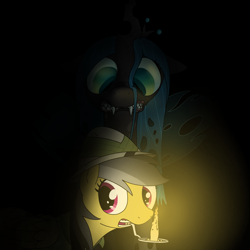 Size: 2000x2000 | Tagged: safe, artist:grafc0ndey, daring do, queen chrysalis, changeling, changeling queen, pegasus, pony, apprehensive, candle, creepy, dark background, darkness, duo, fangs, female, looking back, mare, mlp fim's fourteenth anniversary, sharp teeth, teeth, this will end in death, toothy grin, unaware