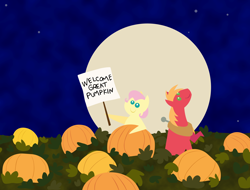 Size: 2848x2160 | Tagged: safe, anonymous artist, imported from derpibooru, big macintosh, fluttershy, earth pony, pegasus, pony, series:fm holidays, alternate hairstyle, duo, female, fluttermac, full moon, halloween, high res, holiday, it's the great pumpkin charlie brown!, looking up, male, mare, moon, peanuts (comic), pointy ponies, pumpkin, shipping, short mane, sign, stallion, straight