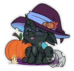 Size: 1900x1824 | Tagged: safe, imported from derpibooru, oc, oc:tarsi, changeling, candle, changeling oc, commission, halloween, hat, holiday, pumpkin, witch hat, ych result