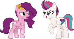 Size: 2565x1363 | Tagged: safe, alternate version, artist:sketchmcreations, imported from derpibooru, pipp petals, zipp storm, pegasus, pony, annoyed, colored wings, female, frown, g5, g5 to g4, generation leap, looking at each other, looking at someone, mare, multicolored wings, open frown, open mouth, pipp petals is not amused, raised hoof, siblings, simple background, sisters, transparent background, unamused, vector, wings