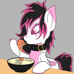 Size: 1500x1500 | Tagged: safe, artist:ruchiyoto, imported from derpibooru, oc, oc only, oc:lunylin, pegasus, pony, collar, colored belly, colored eartips, female, food, mare, noodles, ramen, solo