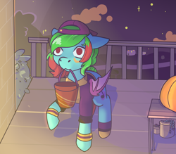 Size: 1600x1400 | Tagged: safe, artist:poffy, imported from derpibooru, oc, oc:precised note, alternate cutie mark, baseball cap, bush, cap, clothes, colored wings, cosplay, costume, face paint, halloween, halloween 2024, halloween costume, hat, holiday, hoodie, king of fighters, lucky glauber, night, nightmare night, no pupils, plant, pumpkin, pumpkin bucket, raised hoof, shoes, species swap, trick or treat, two toned mane, two toned wings, wings, wristband