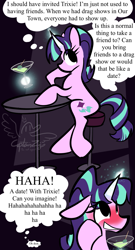 Size: 1109x2048 | Tagged: safe, artist:captainzigo, imported from derpibooru, part of a set, starlight glimmer, pony, unicorn, 2 panel comic, alcohol, blushing, comic, drag show, female, floppy ears, grin, horn, implied lesbian, implied shipping, implied startrix, implied trixie, indoors, levitation, magic, mare, martini, martini glass, nervous, nervous grin, s5 starlight, sitting, smiling, solo, table, tail, telekinesis, thought bubble, watermark