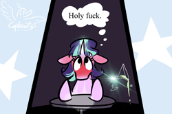 Size: 1563x1035 | Tagged: safe, artist:captainzigo, imported from derpibooru, starlight glimmer, trixie, pony, unicorn, alcohol, blushing, blushing profusely, drag show, drink, female, floppy ears, flustered, framed by legs, glowing, glowing horn, horn, in love, lesbian, levitation, looking up, magic, mare, martini, martini glass, s5 starlight, shipping, spilled drink, startrix, telekinesis, thought bubble, vulgar