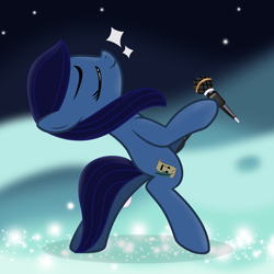 Size: 1920x1920 | Tagged: safe, artist:grapefruit-face, artist:jhayarr23, derpibooru exclusive, edit, imported from derpibooru, oc, oc:starlight pianissimo, earth pony, pony, base used, bipedal, crossover, dream realm, eyes closed, female, freddie mercury, high res, leaning back, mare, microphone, microphone stand, pose, queen (band), smiling, solo