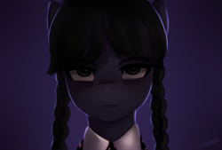 Size: 1601x1080 | Tagged: safe, artist:maren, imported from derpibooru, pony, blue background, clothes, looking at you, netflix, ponified, simple background, the addams family, wednesday (series), wednesday addams