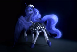 Size: 2982x2011 | Tagged: safe, artist:sh1la, imported from derpibooru, princess luna, alicorn, pony, clothes, female, looking back, maid, mare, raised hoof, skirt, socks, solo, spread wings, uniform, wings