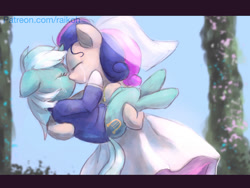 Size: 1024x768 | Tagged: safe, artist:grissaecrim, imported from derpibooru, bon bon, lyra heartstrings, sweetie drops, earth pony, pony, unicorn, the last problem, clothes, crying, dress, duo, female, happy birthday mlp:fim, horn, kiss on the lips, kissing, lesbian, lyrabon, mare, mlp fim's ninth anniversary, shipping, tears of joy, tuxedo, wedding dress