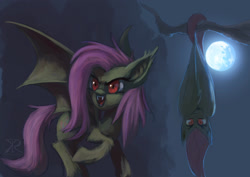 Size: 2315x1637 | Tagged: safe, artist:grissaecrim, imported from derpibooru, fluttershy, bat pony, pony, bats!, bat ponified, fangs, female, flutterbat, hanging, moon, night, race swap, solo, tree branch, upside down