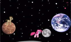 Size: 1252x750 | Tagged: safe, imported from derpibooru, doctor whooves, pinkie pie, time turner, earth pony, collect cupcakes lick ponies, earth, female, flash game, male, moon, planet, space, stars, youtube link