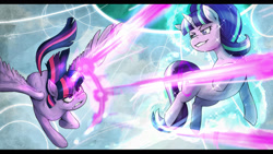 Size: 1920x1080 | Tagged: safe, artist:ereb-tauramandil, imported from derpibooru, starlight glimmer, twilight sparkle, alicorn, pony, the cutie re-mark, blast, duo, female, fight, levitation, magic, magic blast, mare, self-levitation, telekinesis, twilight sparkle (alicorn)