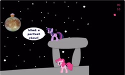 Size: 1252x750 | Tagged: safe, imported from derpibooru, pinkie pie, twilight sparkle, collect cupcakes lick ponies, dialogue, female, flash game, moon, space, youtube link