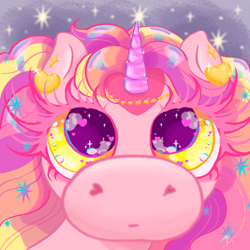 Size: 7087x7087 | Tagged: safe, artist:melassa, imported from derpibooru, oc, oc:melassa, alicorn, big eyelashes, big eyes, bust, close-up, closed mouth, detailed, eyelashes, gasoline stains, gold, heart, heart eyes, horn, jewelry, portrait, profile picture, sparkles, three toned mane, wingding eyes, yellow eyes