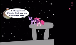 Size: 1252x750 | Tagged: safe, imported from derpibooru, pinkie pie, twilight sparkle, blushing, collect cupcakes lick ponies, dialogue, female, flash game, lesbian, moon, shipping, space, twinkie