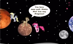 Size: 1251x750 | Tagged: safe, imported from derpibooru, derpy hooves, doctor whooves, pinkie pie, time turner, collect cupcakes lick ponies, dialogue, earth, female, flash game, mars, moon, planet, space, stars