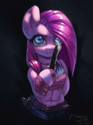 Size: 1024x1373 | Tagged: safe, artist:theprince, imported from derpibooru, pinkie pie, earth pony, semi-anthro, arm hooves, caveira, commission, crossover, dark side, female, gun, handgun, knife, muscles, pinkamena diane pie, pistol, solo, weapon