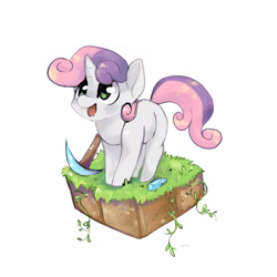 Size: 2449x2449 | Tagged: safe, artist:katemaximova, imported from derpibooru, sweetie belle, pony, unicorn, blank flank, cute, diamond, diamond pickaxe, diasweetes, dirt cube, earth, female, filly, foal, gem, grass, happy, horn, minecraft, open mouth, open smile, pickaxe, simple background, smiling, solo, white background