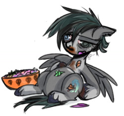 Size: 1106x1038 | Tagged: safe, artist:doodlesinky, imported from derpibooru, oc, oc only, oc:inky doodles, pegasus, candy, chocolate, disoriented, dizzy, food, food coma, halloween, halloween 2024, holiday, messy, messy eating, messy mane, nightmare night, nonbinary, simple background, solo