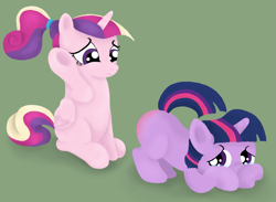 Size: 1195x876 | Tagged: safe, imported from derpibooru, princess cadance, twilight sparkle, alicorn, pony, unicorn, crying, discipline, duo, duo female, female, filly, filly cadance, filly twilight sparkle, foal, green background, horn, punishment, raised hoof, raised tail, sad, simple background, spank mark, spanking, tail, tears of pain, younger