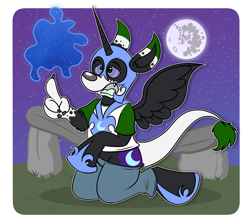 Size: 3270x2921 | Tagged: safe, artist:sketchymouse, imported from derpibooru, nightmare moon, alicorn, pony, armor, furry, furry to pony, high res, hypno eyes, kneeling, night, outline, solo, transformation