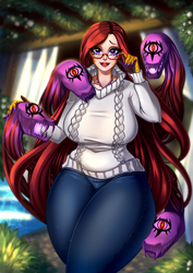 Size: 2893x4092 | Tagged: safe, alternate version, artist:minamikoboyasy, imported from derpibooru, oc, oc only, oc:selune darkeye, gorgon, medusa, ara ara, big breasts, body markings, breasts, clothes, denim, female, flower, garden, glasses, holding glasses, humanoid, jeans, jewelry, living hair, looking at you, markings, milf, multiple variants, nails, necklace, pants, scales, solo, sultry, sultry pose, sweater, water