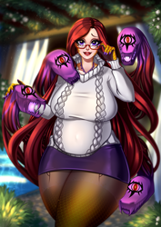 Size: 2893x4092 | Tagged: safe, alternate version, artist:minamikoboyasy, edit, imported from derpibooru, oc, oc only, oc:selune darkeye, gorgon, human, medusa, ara ara, big breasts, body markings, breasts, clothes, female, flower, garden, glasses, holding glasses, human female, humanoid, jewelry, living hair, looking at you, markings, milf, multiple variants, nails, necklace, pantyhose, pregnant, pregnant edit, scales, skirt, solo, sultry, sultry pose, sweater, water