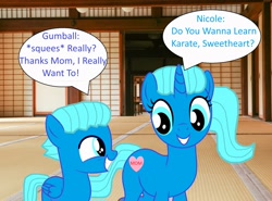 Size: 2576x1909 | Tagged: safe, artist:memeartboi, imported from derpibooru, pegasus, pony, unicorn, beautiful, bonding, colt, cute, duo, duo male and female, excited, female, foal, grin, gumball watterson, happy, heart, horn, indoors, karate, learning, little boy, male, mare, mother, mother and child, mother and son, motherly, nicole watterson, pegasus wings, ponified, smiling, speech bubble, squee, standing, text, the amazing world of gumball, unicorn horn, wholesome, wings